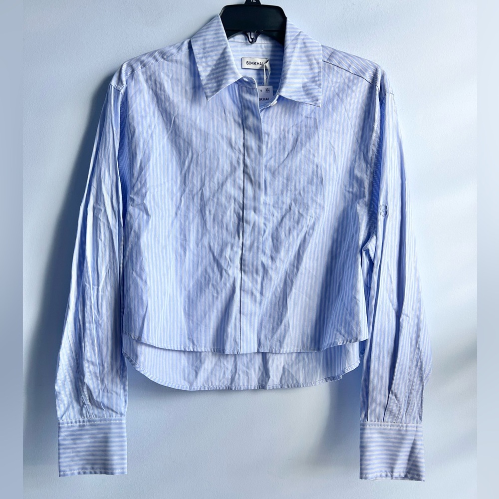 Simkhai Renata Blue & White Striped Cropped Cotton Shirt Size Large